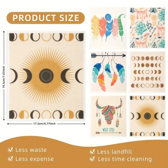 NEW Set of 12 Swedish Dishcloths - Boho, Feather, Moon Celesital, Sustainable - Picture 3 of 9